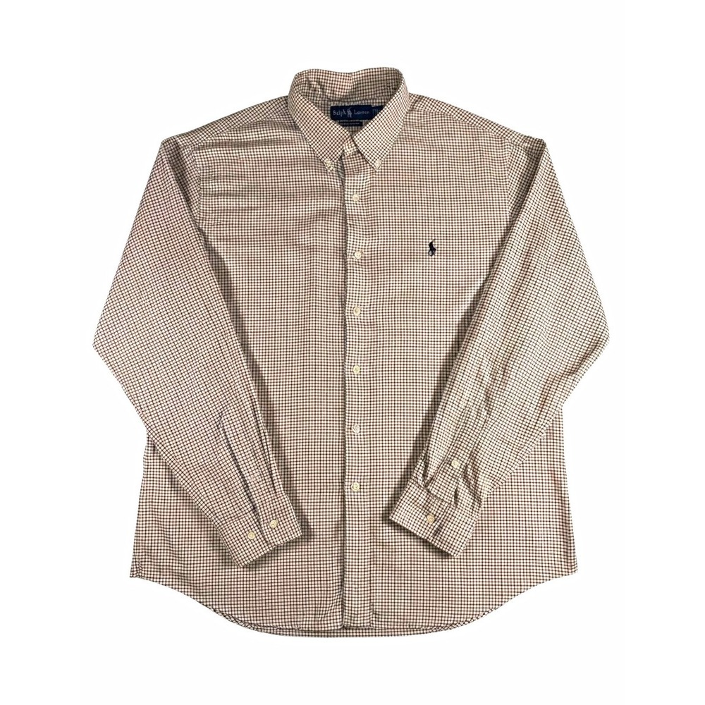 Ralph Lauren Custom Fit Dress Shirt Mens XL 17 34/35 Beige Black Check Cotton